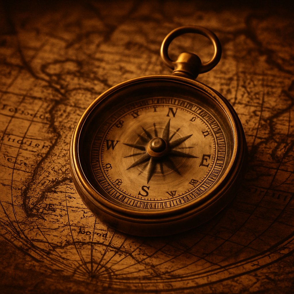 An antique compass on an old map