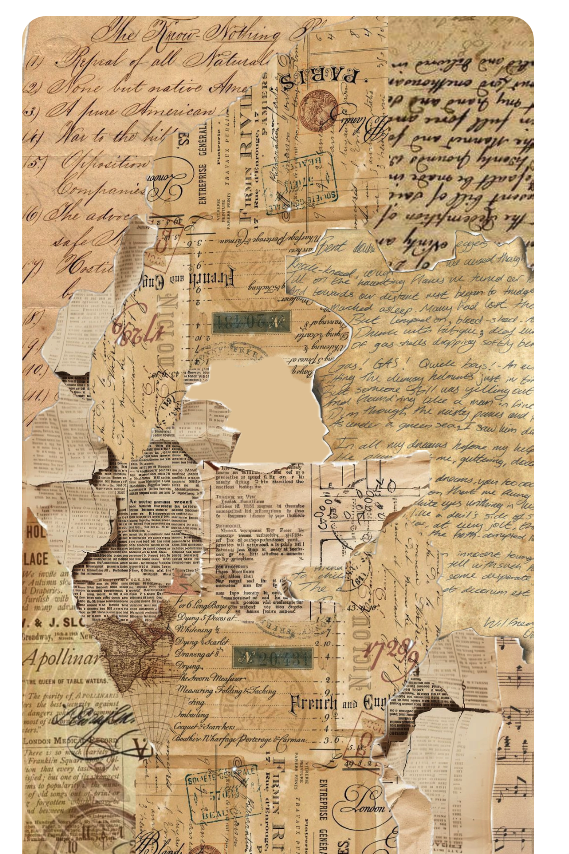 A collage of working notes, clippings, and diagrams
